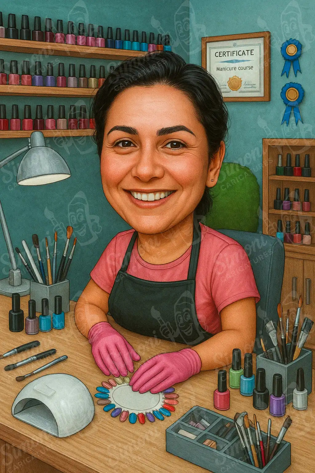 Карикатура на маникюристка в салон с лакове и инструменти – Simoni Caricatures, персонализиран подарък за козметик или маникюристка